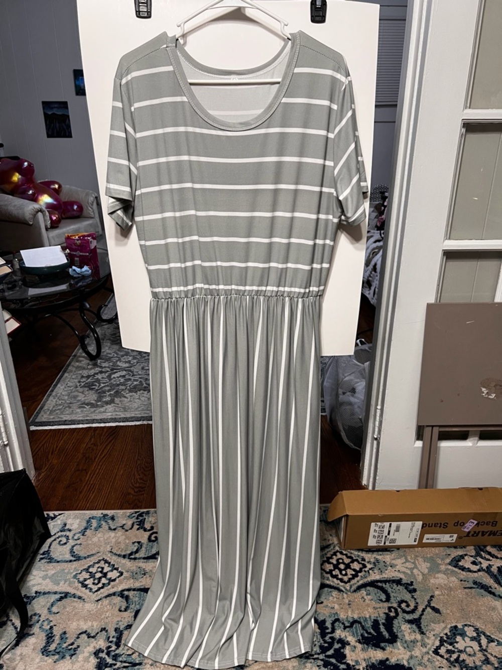 Striped Short-Sleeve Maxi Dress in Light Gray and White